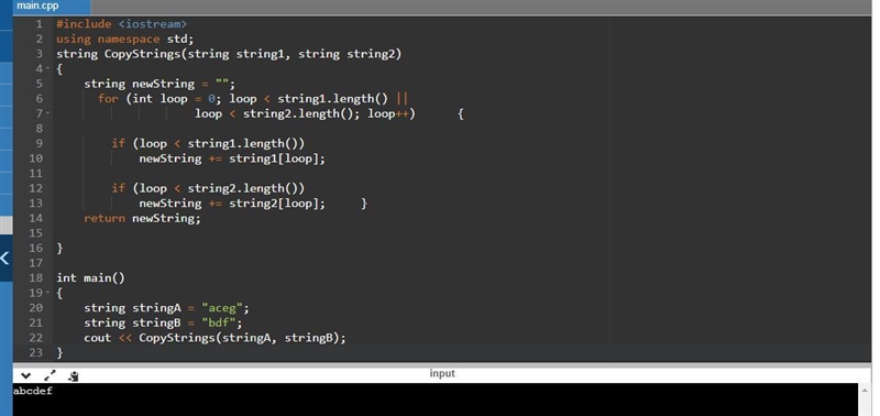 13. Write a function which is passed two strings. The function creates a new string-example-1