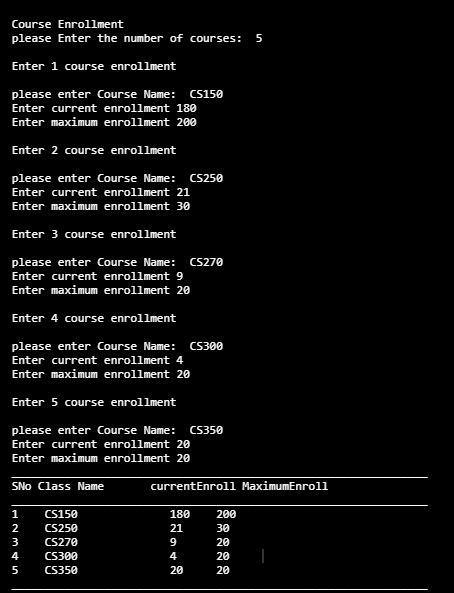 Write a program that will produce a report showing the current and max-imum enrollments-example-1