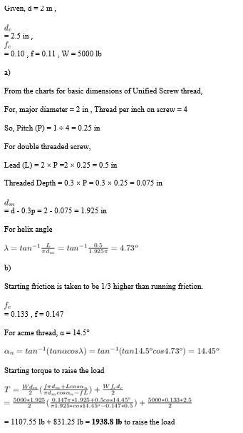 A double threaded Acme stub screw of 2-inch major diameter is used in a jack having-example-1
