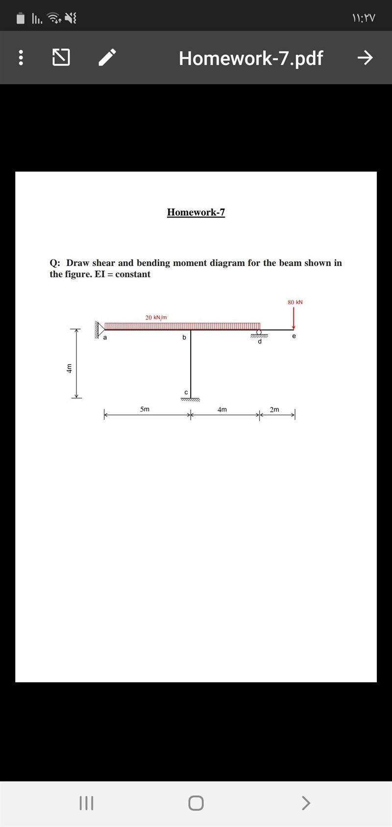 Q: Draw shear and bending moment diagram for the beam shown in the figure. EI= constant-example-1