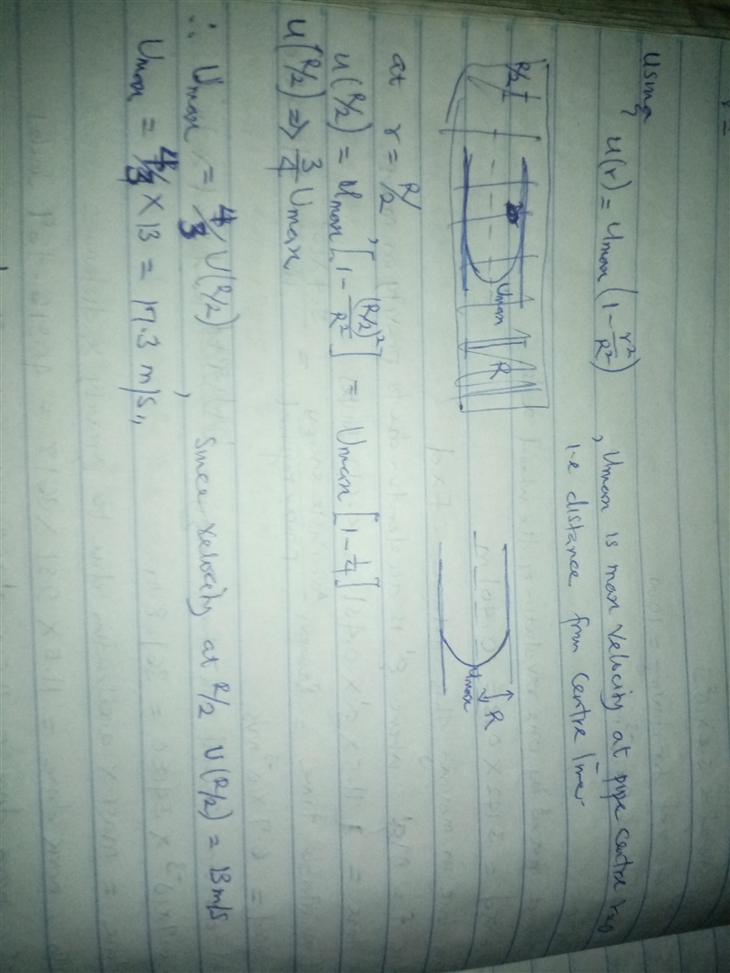 In fully developed laminar flow in a circular pipe the velocity at R/2 (mid-way between-example-1