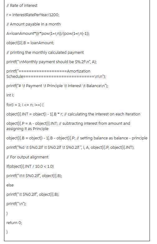 Implement this C program by defining a structure for each payment. The structure should-example-2