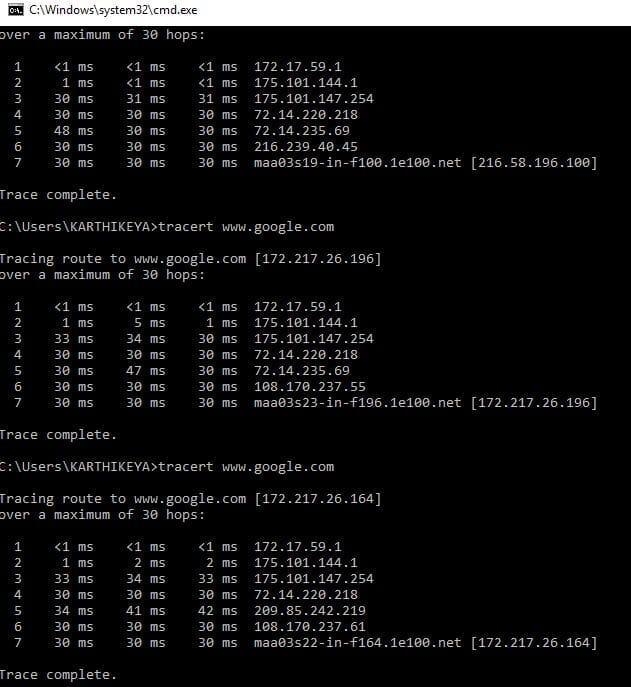 Perform traceroutes between your home computer/laptop and two destinations at three-example-1