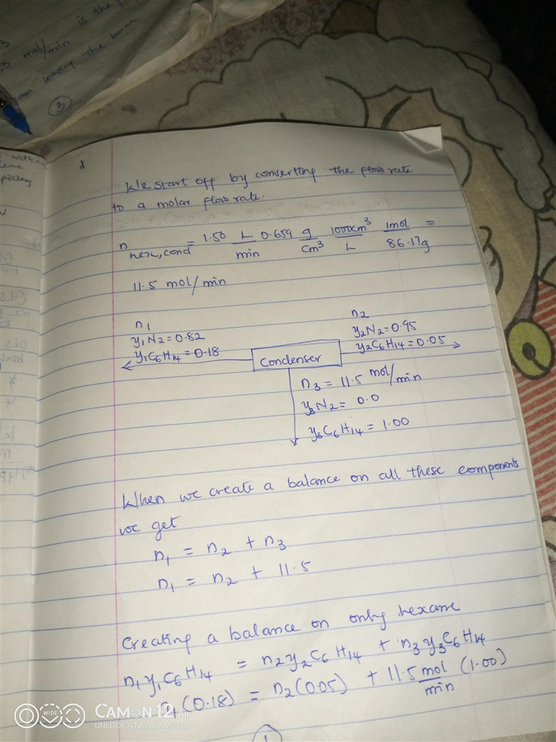 A gas stream contains 18.0 mole% hexane and the remainder nitrogen. The stream flows-example-3