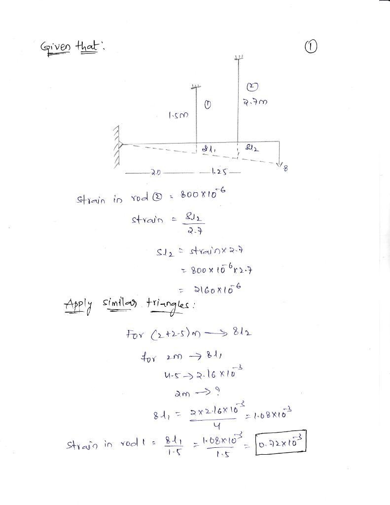 A rigid bar ABCD is pinned at A and supported by two steel rods connected at B and-example-1