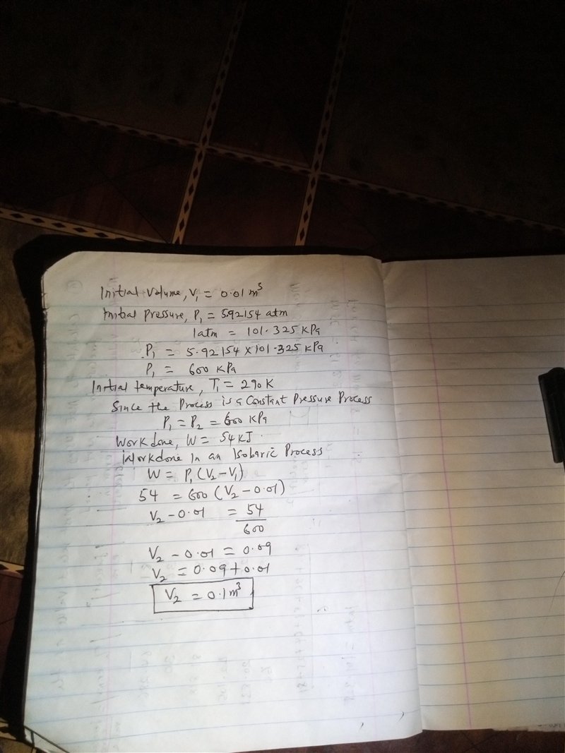 A 0.01 m3 piston and cylinder contains an ideal gas at 5.92154 atm, 290 K . A constant-example-1