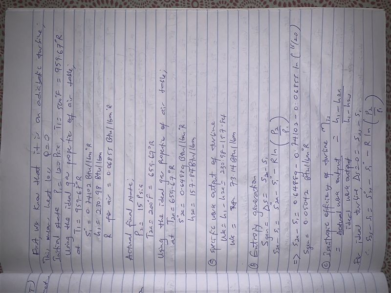 Air initially at 120 psia and 500o F is expanded by an adiabatic turbine to 15 psia-example-2