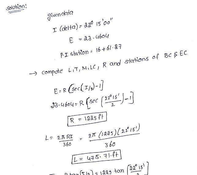 Compute L, T, M, LC, and R and stations of the BC and EC for the circular curve with-example-1