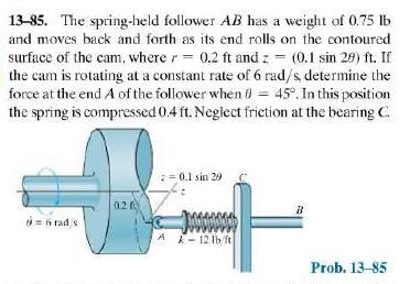 The spring-held follower AB has weight W and moves back and forth as its end rolls-example-1