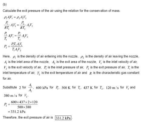 Air at 620 kPa and 500 K enters an adiabatic nozzle that has an inlet-to-exit area-example-3