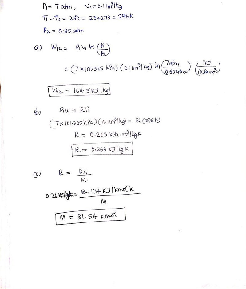 "A fluid at a pressure of 7 atm with a specific volume of 0.11 m3/kg is constrained-example-1