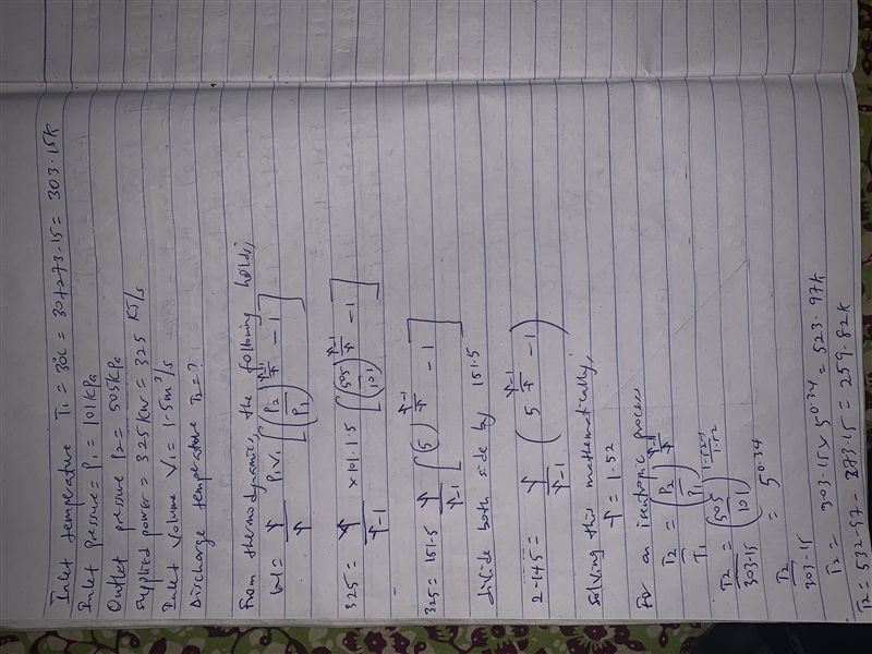 an adiabatic compressor receives 1.5 meter cube per second of air at 30 degrees celsius-example-1