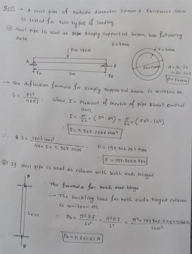 3. A steel pipe of outside diameter 20 mm and thickness 3 mm is deflected by 3 mm-example-1