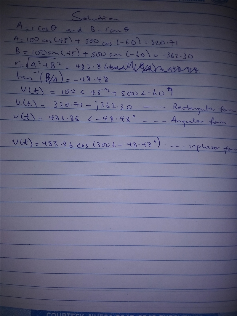 Suppose you want to find the sum of two sinusoidal voltages, given as follows: v1(t-example-1