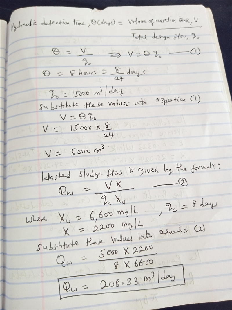 Sludge wasting rate (Qw) from the solids residence time (Thetac = mcrt) calculation-example-1