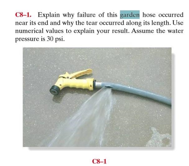 Explain why the failure of this garden hose occurred near its end and why the tear-example-1