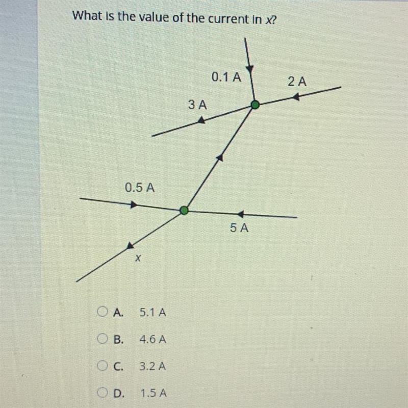 What is the value of the current in x? A.)5.1A B.)4.6A C.)3.1A D.)1.5A-example-1