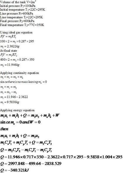 A 2-m3 rigid tank initially contains air at 100 kPa and 22oC. The tank is connected-example-1