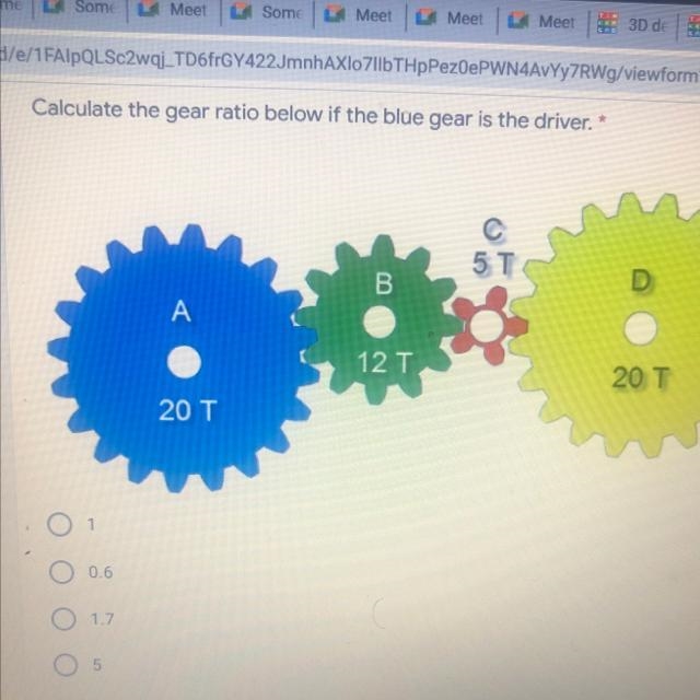 Calculate the gear ratio below if the blue gear is the driver-example-1