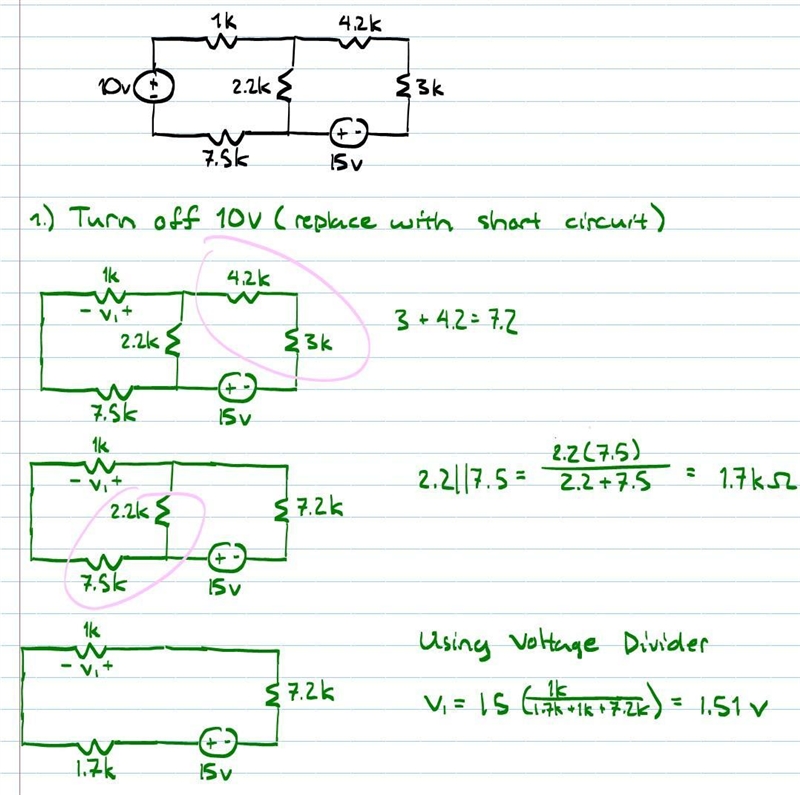 2. Use superposition to calculate the current through the 1.0kΩ resistor in the circuit-example-1