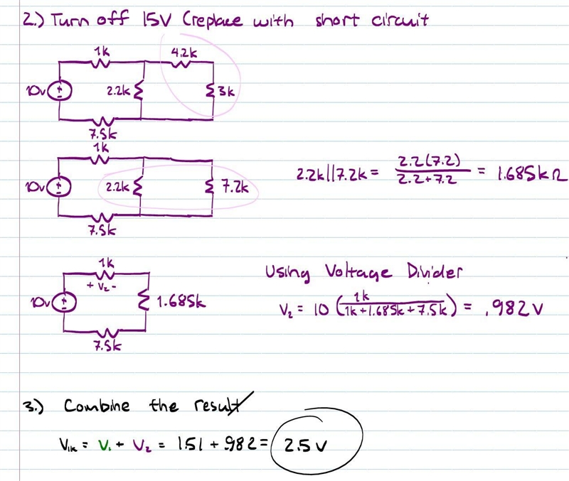 2. Use superposition to calculate the current through the 1.0kΩ resistor in the circuit-example-2