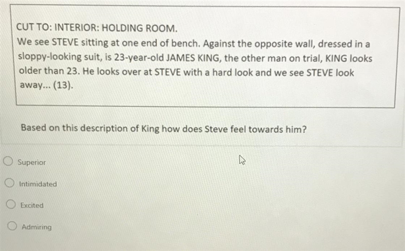 CUT TO: INTERIOR: HOLDING ROOM. We see STEVE sitting at one end of bench. Against-example-1