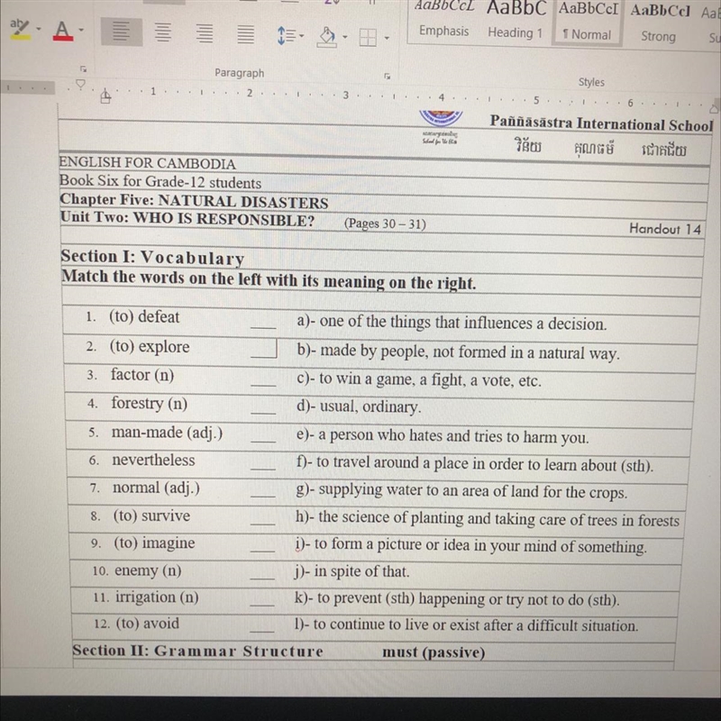 Section I: Vocabulary Match the words on the left with its meaning on the right. 1. (to-example-1