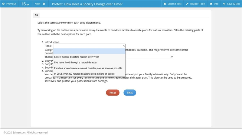 Select the correct answer from each drop-down menu. Ty is working on his outline for-example-1