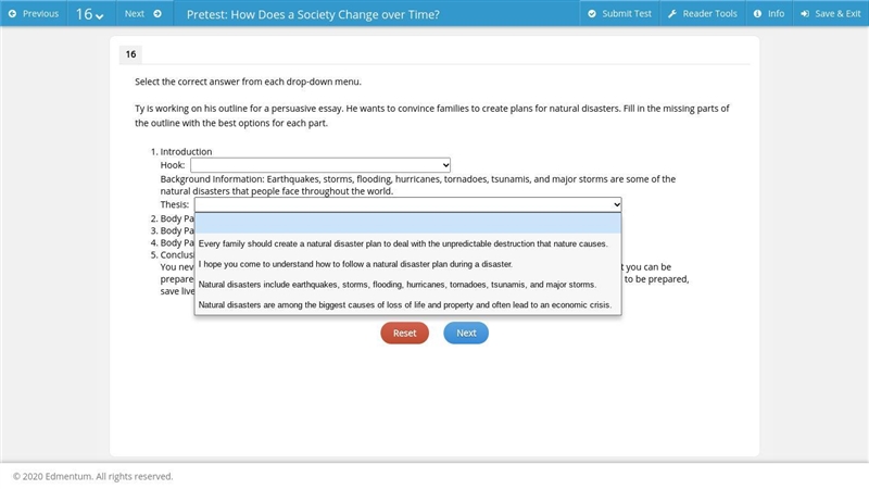 Select the correct answer from each drop-down menu. Ty is working on his outline for-example-2