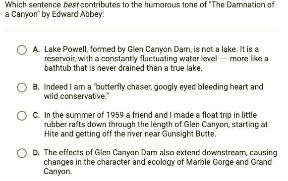 What sentence best contributes to the humorous tone of "the damation of a canyon-example-1