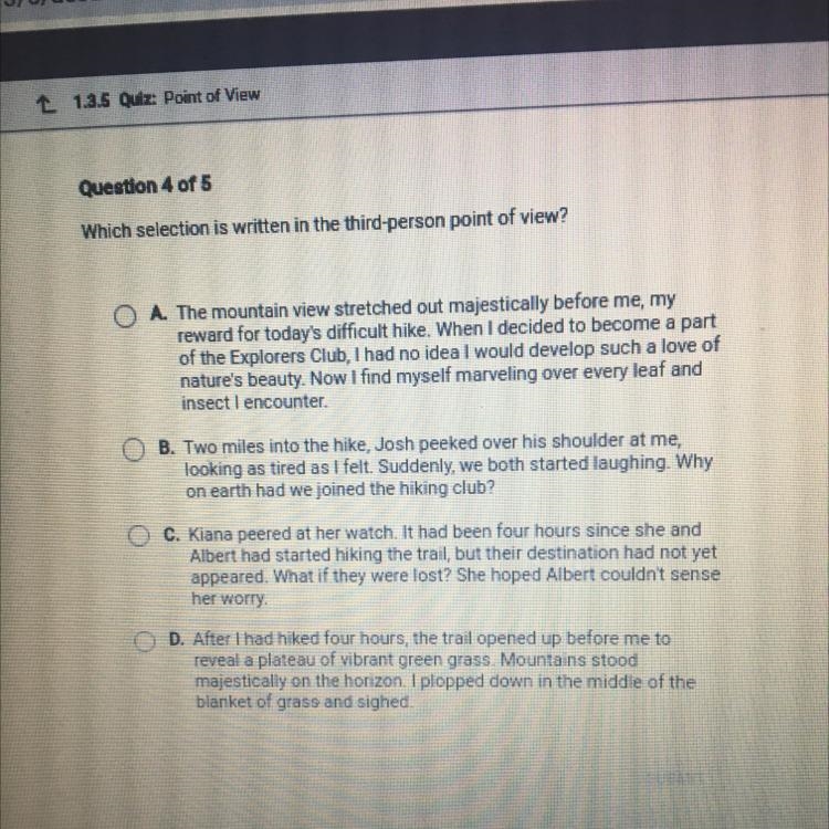 Question 4 of 5 Which selection is written in the third-person point of view? A. The-example-1