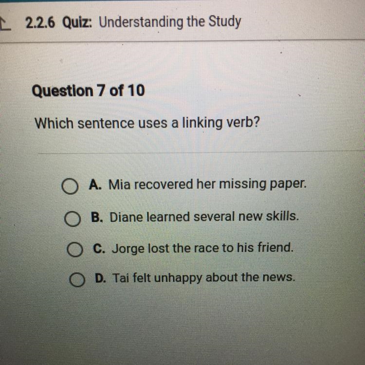 Which sentence uses a linking verb?-example-1