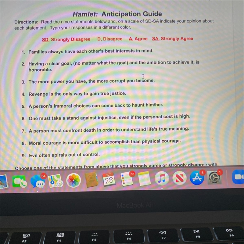 Hamlet: Anticipation Guide On a scale of SD-SA indicate your opinion about each statement-example-1