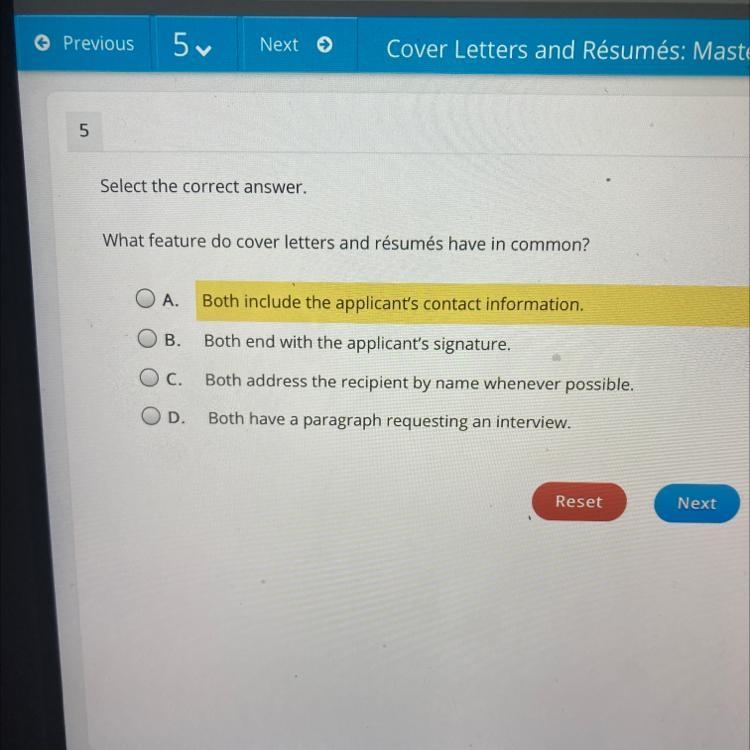 What feature do cover letters and résumés have in common? A. Both include the applicant-example-1