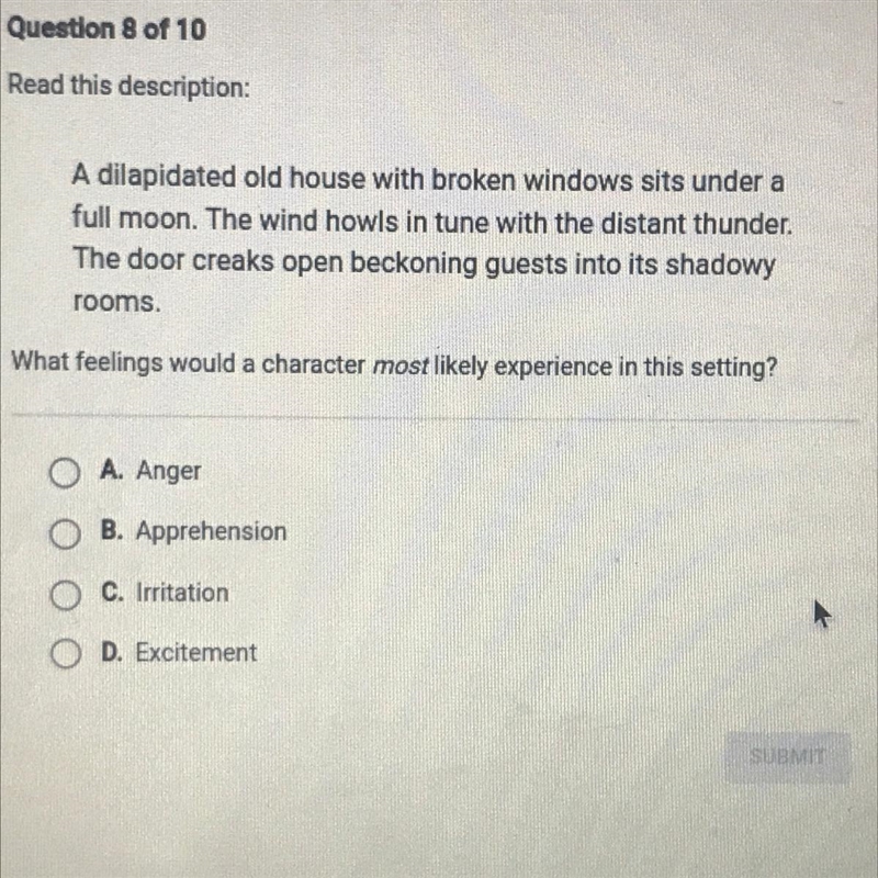 What feelings would a character most likely experience in this setting? A. Anger B-example-1