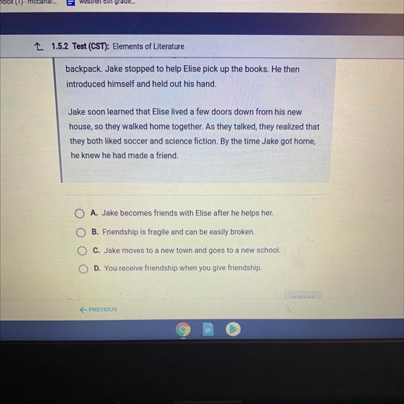 Which answer option best states a theme from the passage? Jake worried about moving-example-1