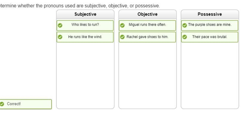 Determine whether the pronouns used are subjective or objective or possessive-example-1