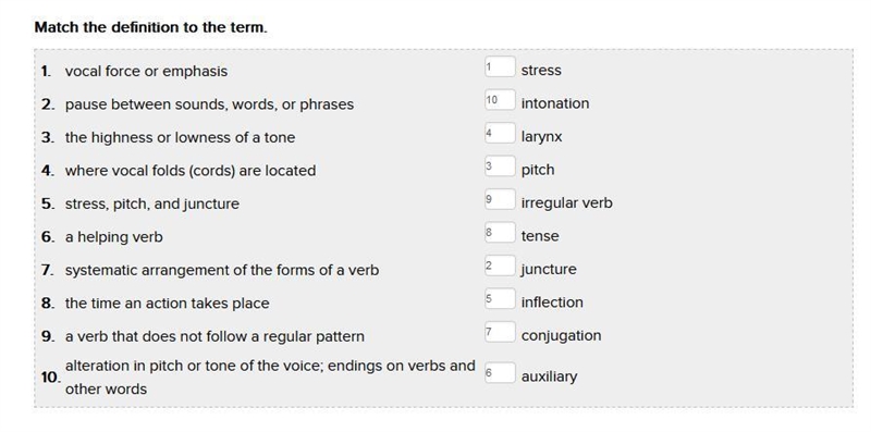 Match the description to the term. 1. larynx pitch 2. verbal force tense 3. systematic-example-1