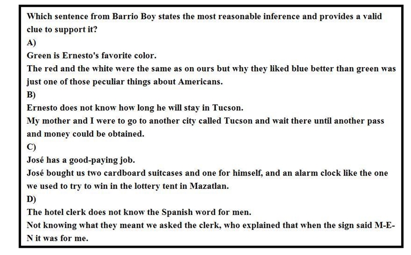 which statement from Barrio boy states the most reasonable inference and provides-example-1