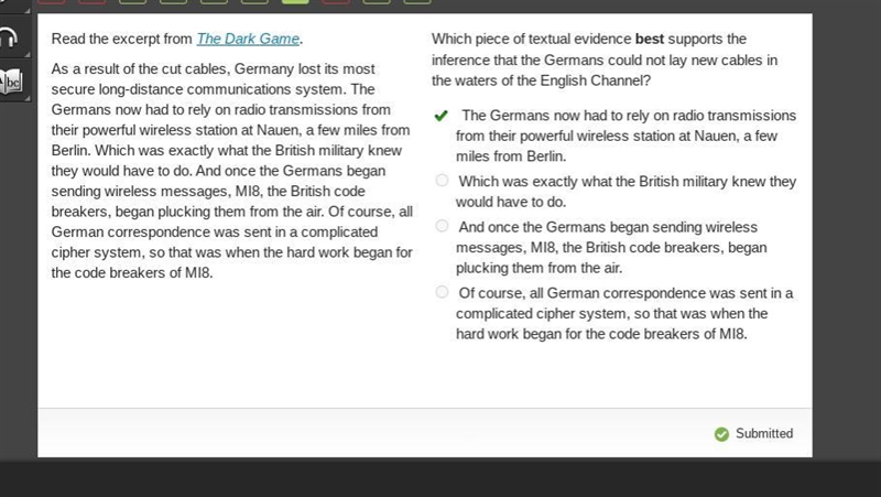 Read the excerpt from The Dark Game. As a result of the cut cables, Germany lost its-example-1