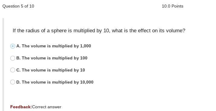 If the radius of a sphere is multiplied by 10, what is the effect on its volume?-example-1