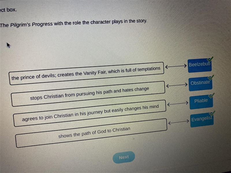 Match each character in The Pilgrim’s Progress with the role the character plays in-example-1