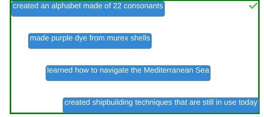 Drag the correct labels to the table. Identify the achievements of the Phoenicians-example-1