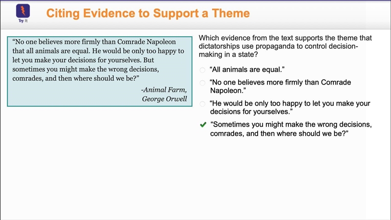 Which evidence from the text supports the theme that dictatorships use propaganda-example-1