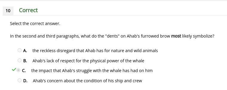 In the second and third paragraphs, what do the "dents" on Ahab's furrowed-example-1