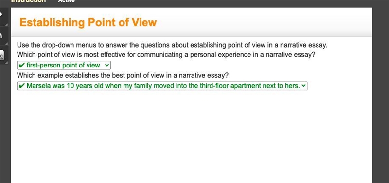 Use the drop-down menus to answer the questions about establishing point of view in-example-1