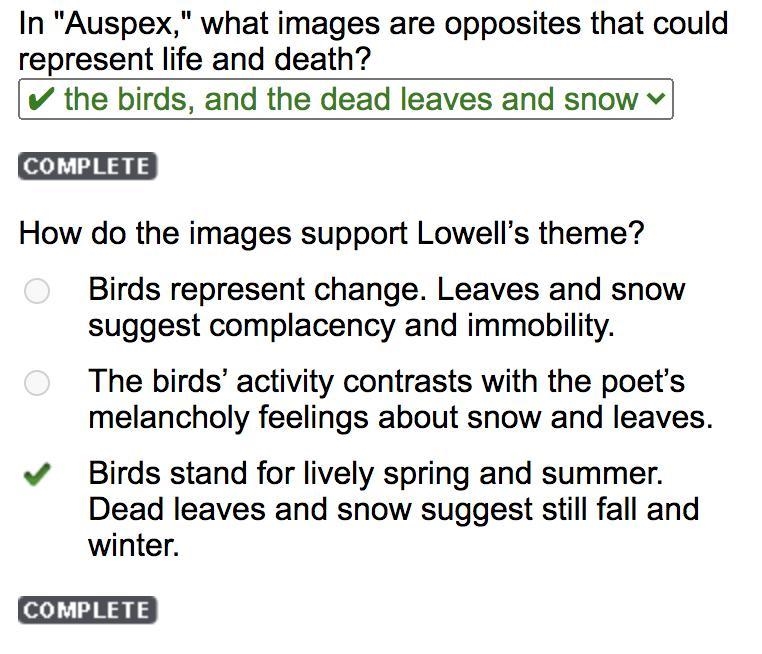 How do the images support Lowell's theme? Birds represent change. Leaves and snow-example-1