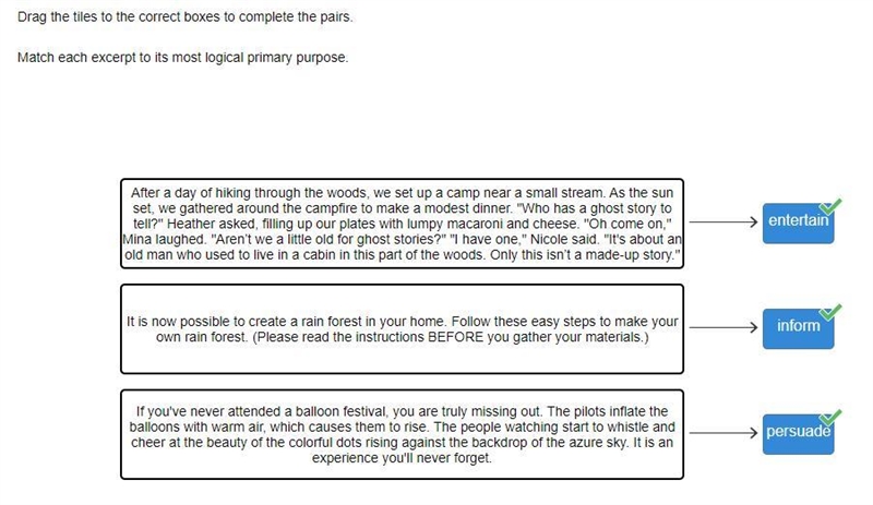 Drag the tiles to the boxes to form correct pairs. Match each excerpt from a media-example-1