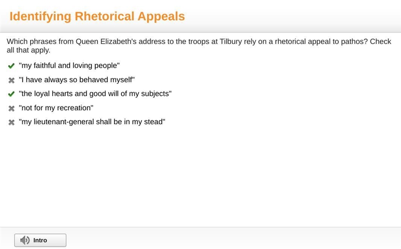 Which phrases from Queen Elizabeth's address to the troops at Tilbury rely on a rhetorical-example-1