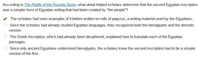 According to The Riddle of the Rosetta Stone, what detail helped scholars determine-example-1